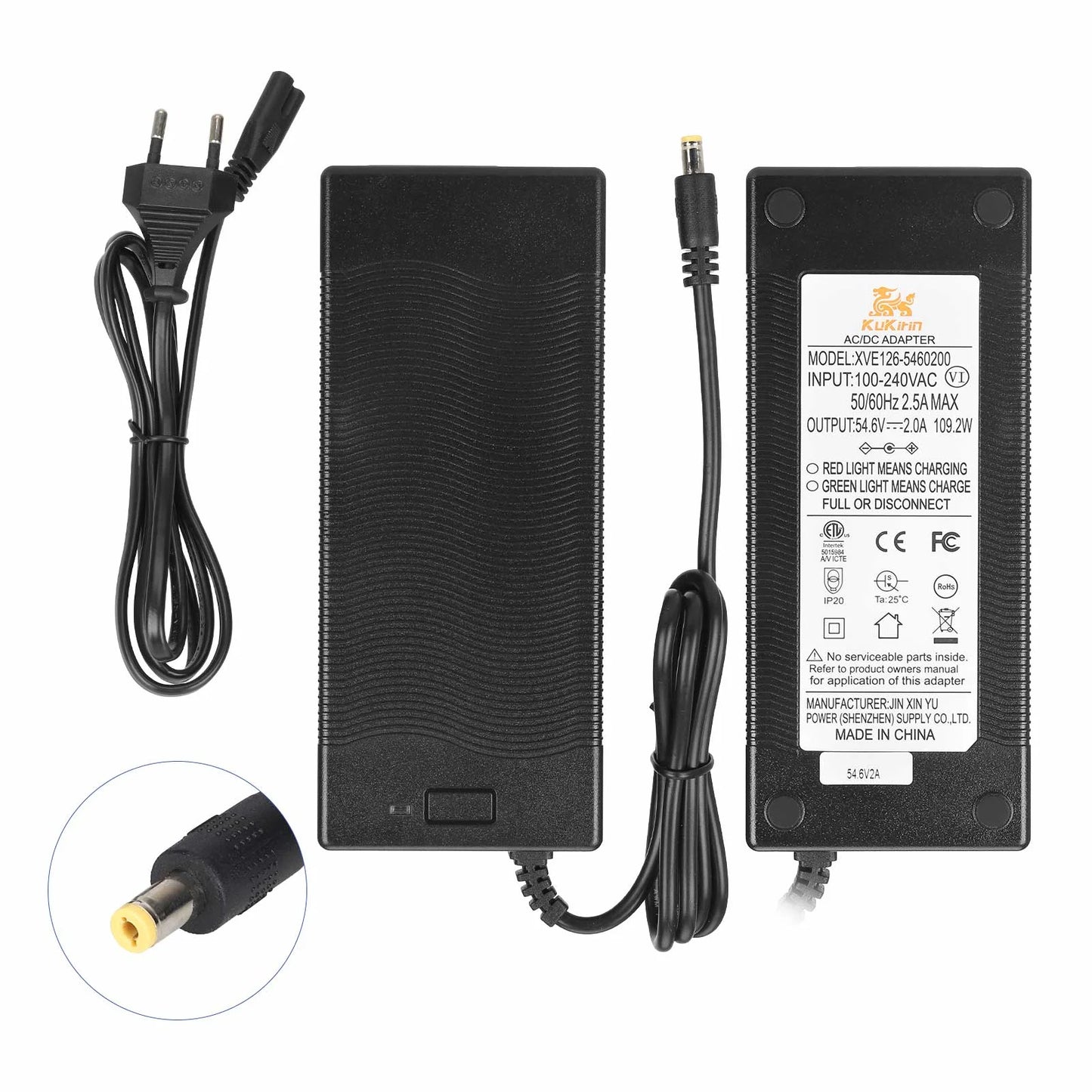 Original 54.6V2A Charger with DC2.1 Head European Standard for Kukirin G2 Electric Scooter Original Charger Input 100-240V Output 48V 54.6V 2.0A Lithium Battery Charger Parts Replacement