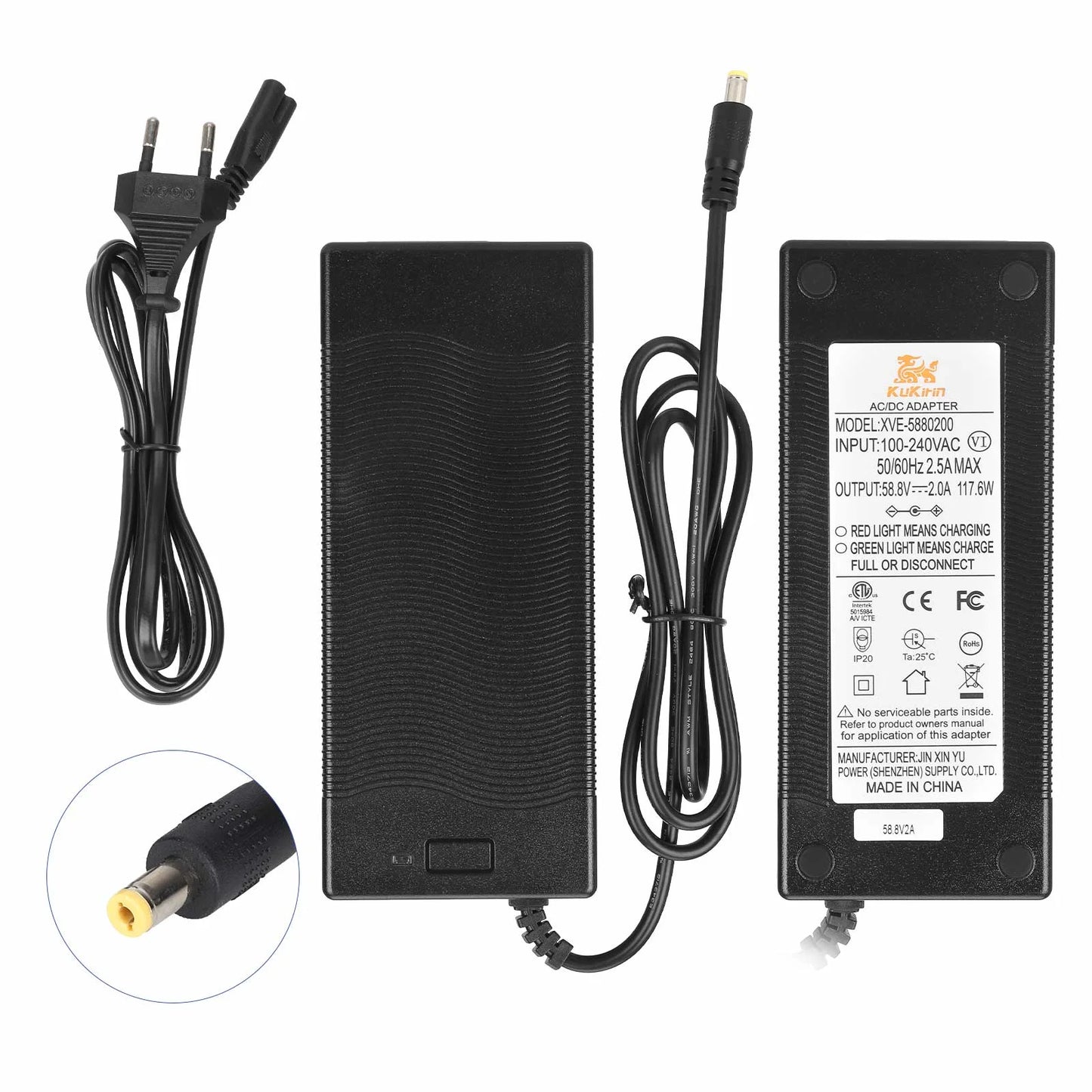 Original 58.8V2A Charger with DC2.1 Head European Standard for Kukirin G3 Electric Scooter Original Charger Input 100-240V Output 52V 58.8V 2.0A Lithium Battery Charger Parts Replacement
