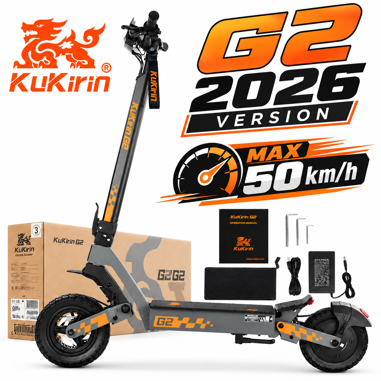 KuKirin G2 Electric Scooter 2026 50km/h Max Speed, 1000W Motor max power, Range 55km, 48V 15,6Ah